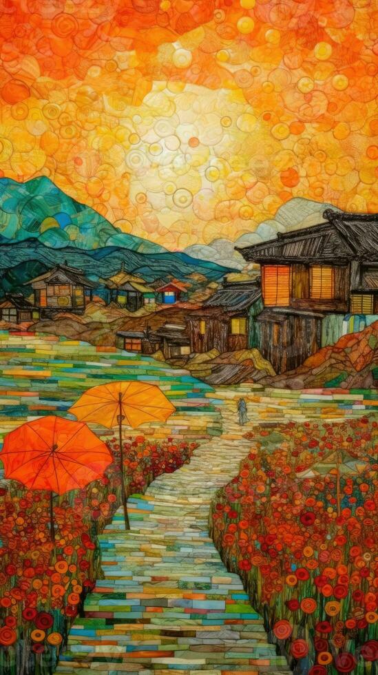 Intricate NeoImpressionist and Ukiyoe Fusion Paper Art of Rolling Poppy Fields in Japan photo