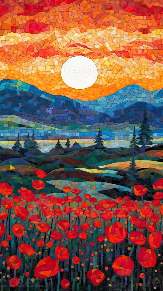 Intricate NeoImpressionist and Ukiyoe Fusion Paper Art of Rolling Poppy Fields in Japan photo