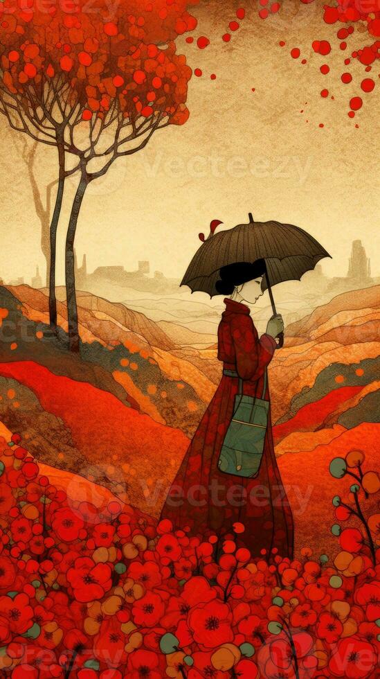 Intricate Poppy Fields Fusion NeoImpressionist and Ukiyoe Paper Art Perfect for Posters and photo