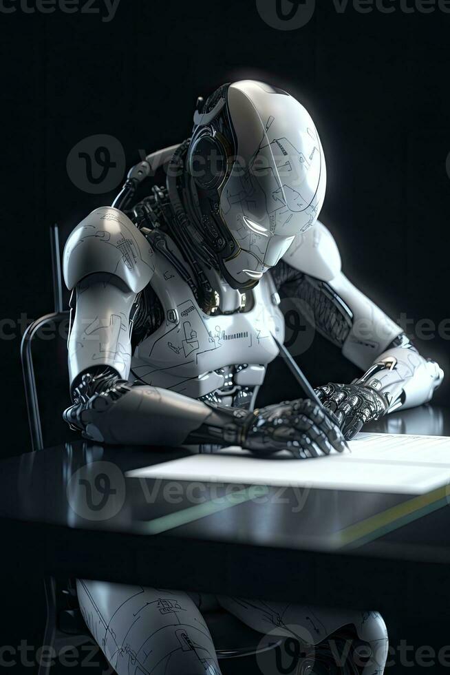 Futuristic AI Human Robot Taking an Exam with HyperRealistic Details photo