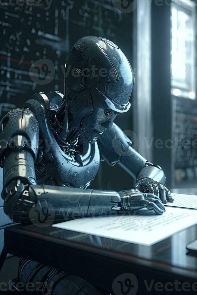 Futuristic AI Human Robot Taking an Exam with HyperRealistic Details photo