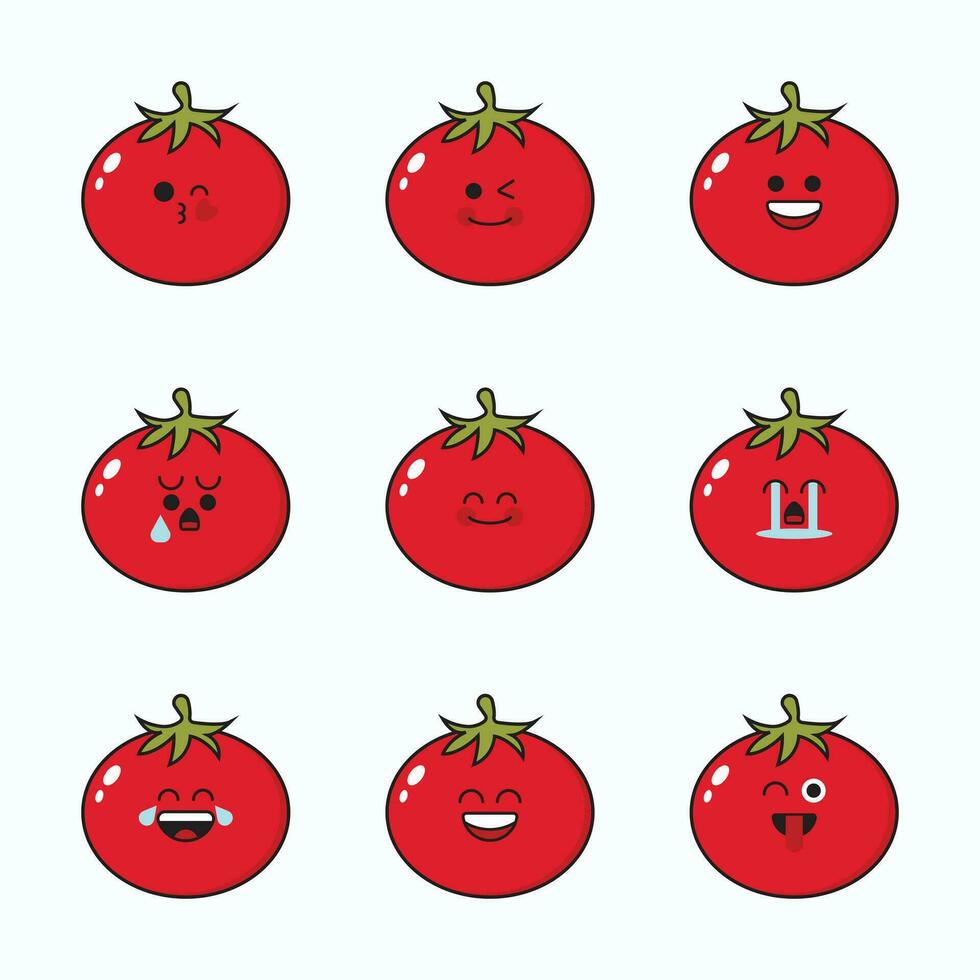 Vector set of vegetable emoticons. Funny tomato emoji with face.