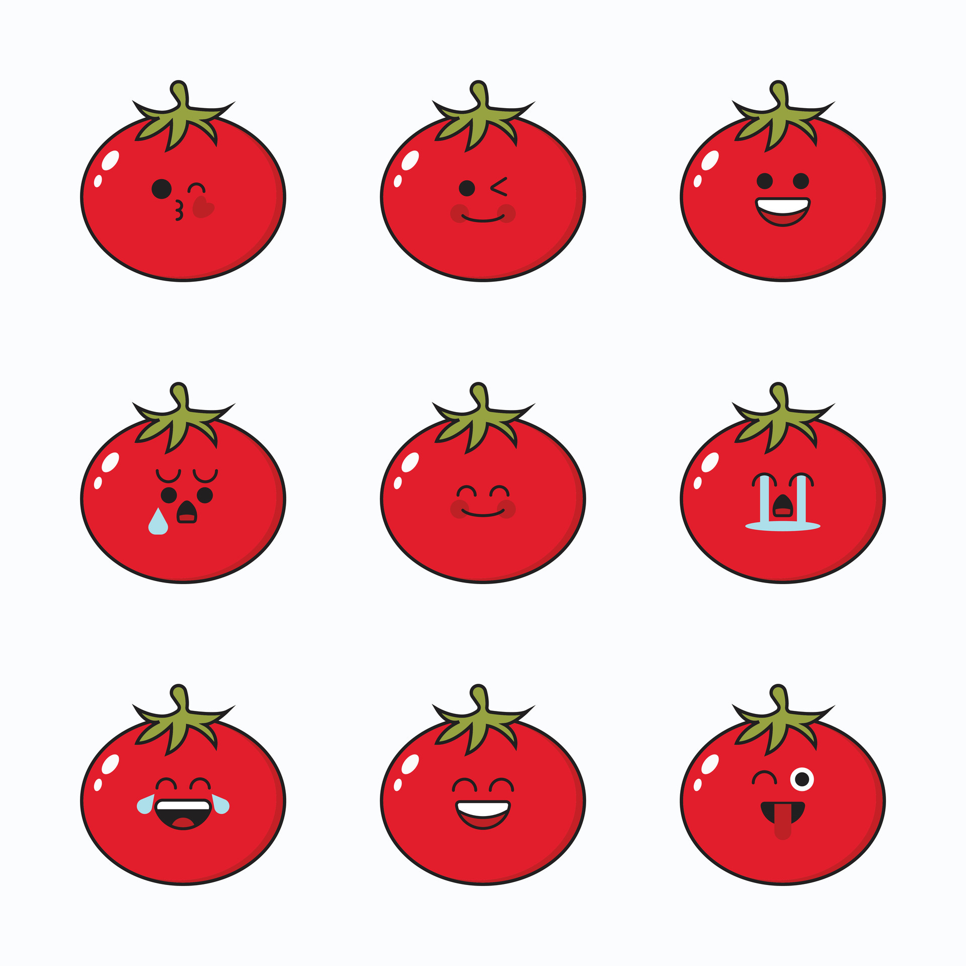 Vector set of vegetable emoticons. Funny tomato emoji with face