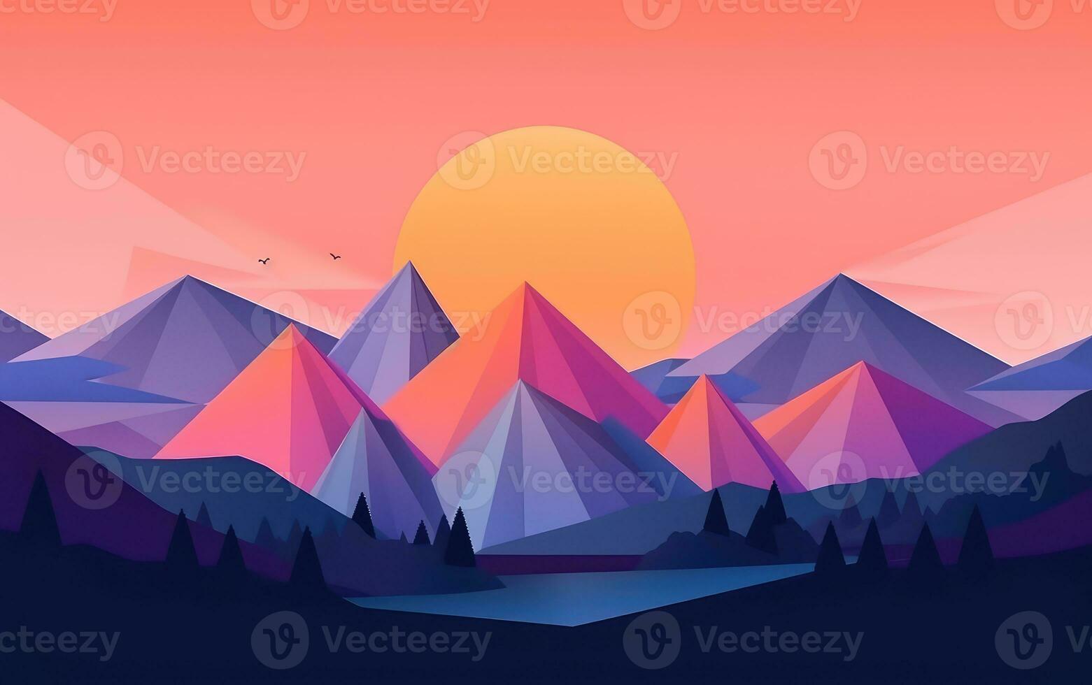 Pastel Gradient Geometric Mountain Range with Sun photo