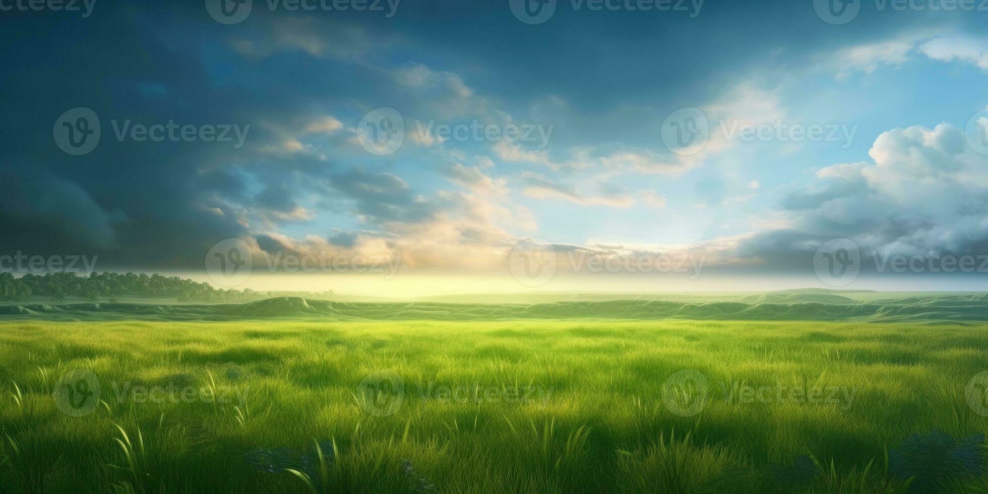 Vibrant Landscape with Green Fields and Azure Sky for Banner and Background photo
