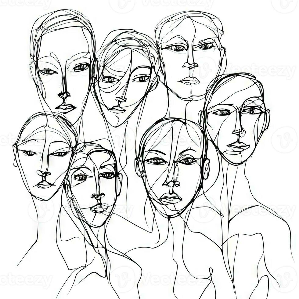 Abstract Continuous Line Drawing of Group of People on White Background photo