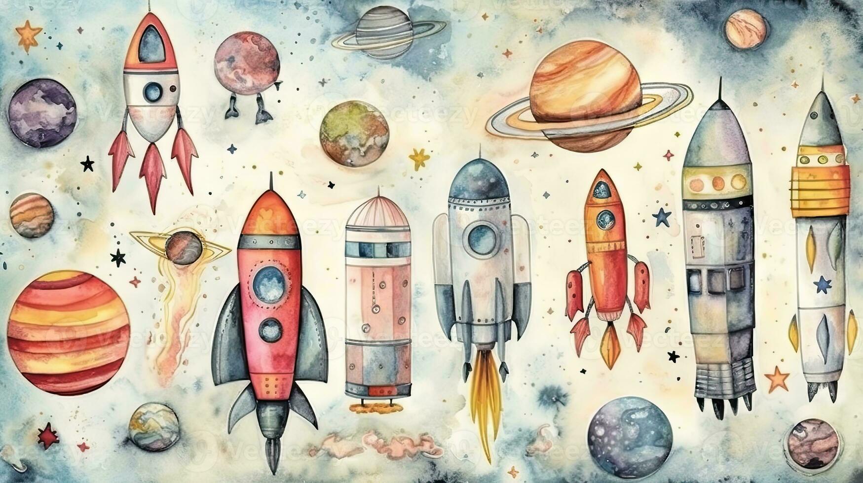 Colorful Space Adventure for Kids HandDrawn Rockets Planets and Astronauts on Watercolor Background photo