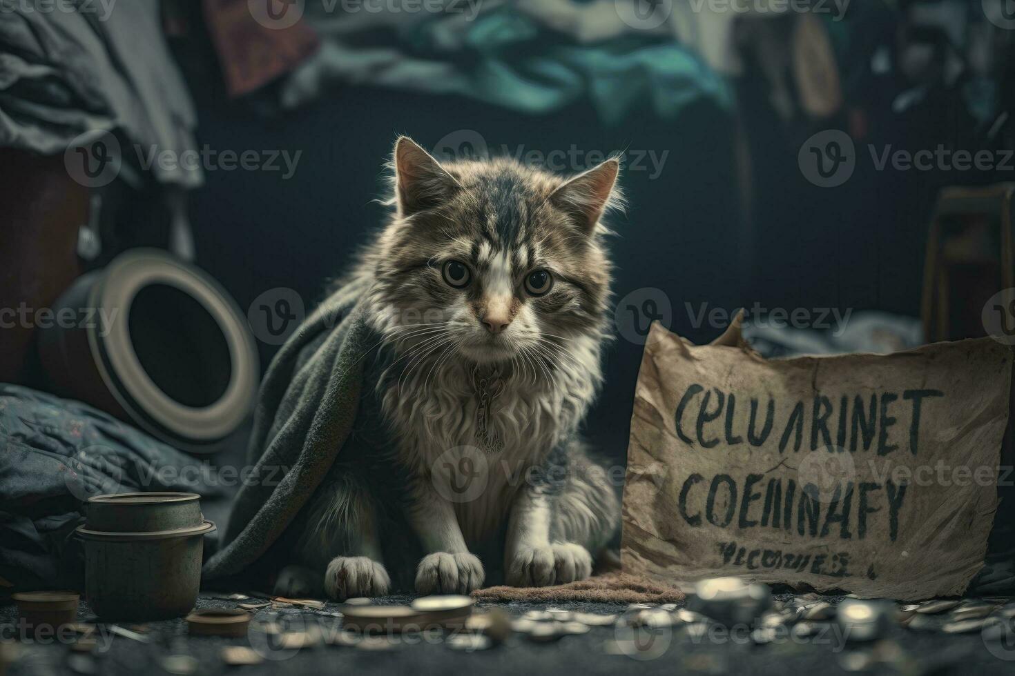 Lonely Cat Sitting on a Blanket with a Heartbreaking Sign photo
