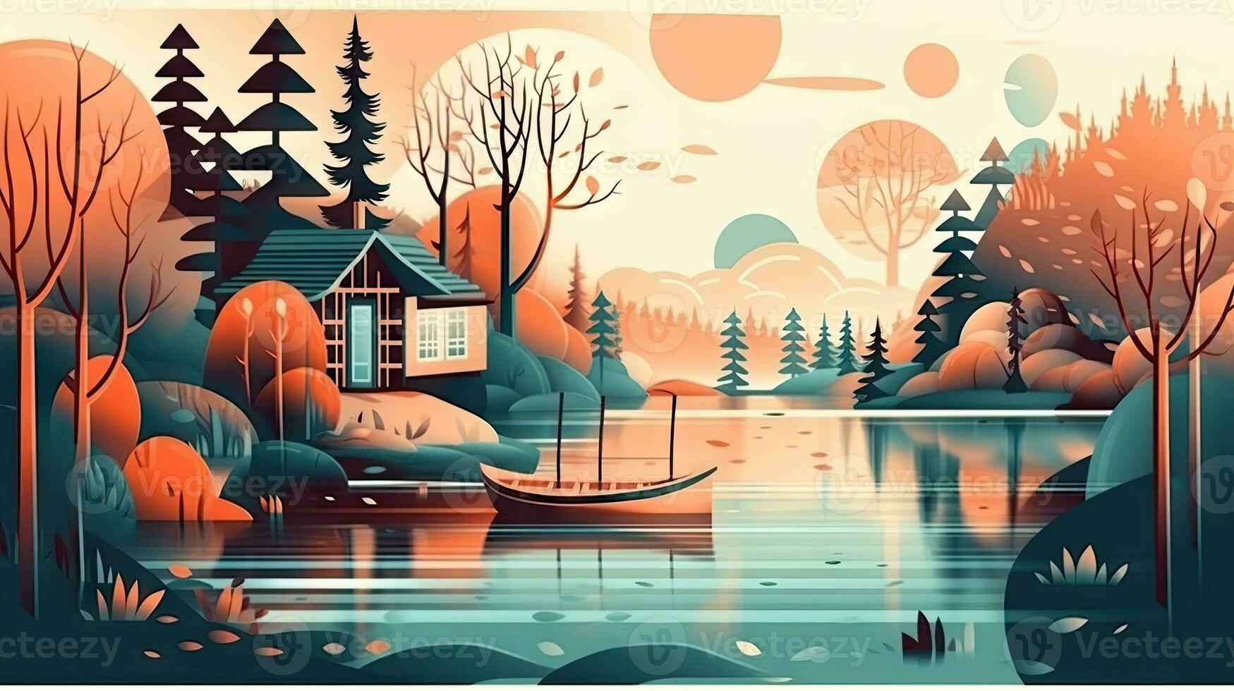 Enchanting Cartoon House in the Forest with a Boat on the Lake photo