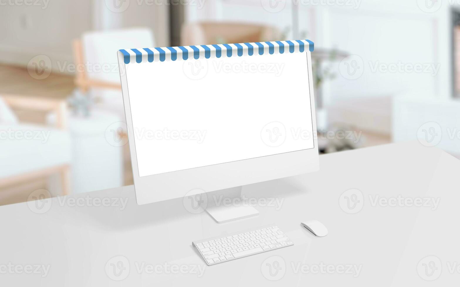 Computer display with blue white shop awning on top concept. Isolated screen in white for product, web page or app presentation. Shopping from home concept photo