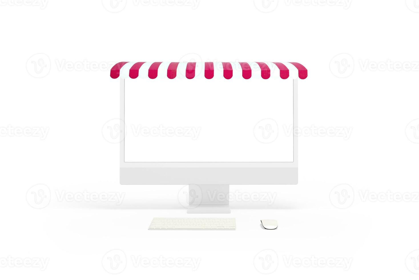 Computer display mockup with red white show awning concept. Isolated screen for web page, online shop presentation. Front view photo