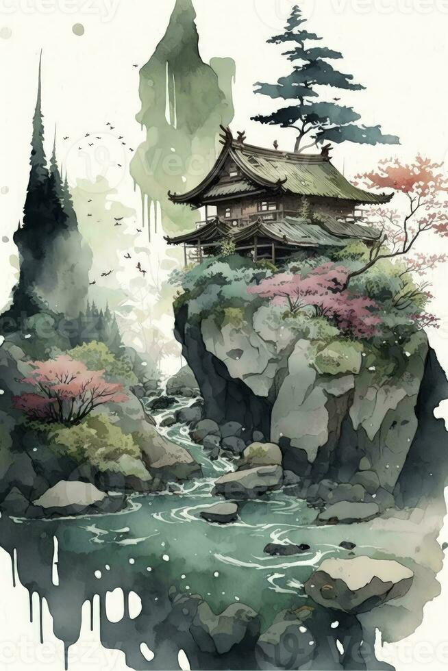 Enchanting Japanese Watercolor Landscape with a Fairy Garden Vibe photo