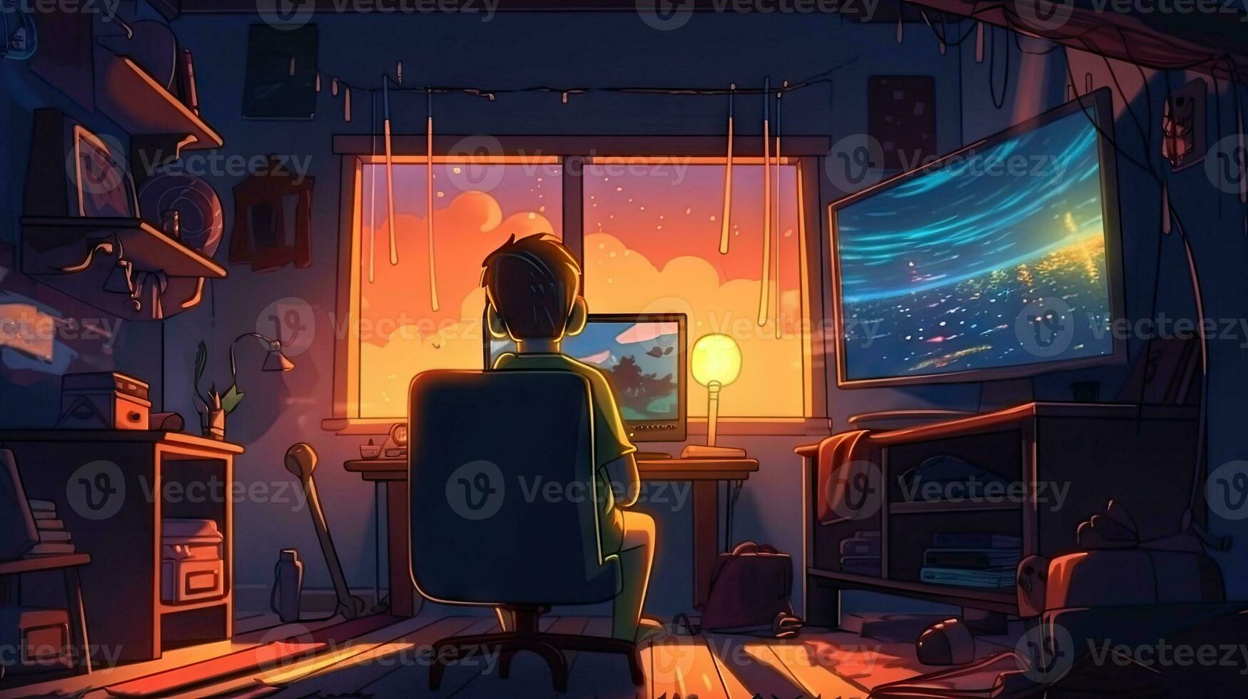 Colorful Gaming Back View of a Child Playing Video Games in His Room photo