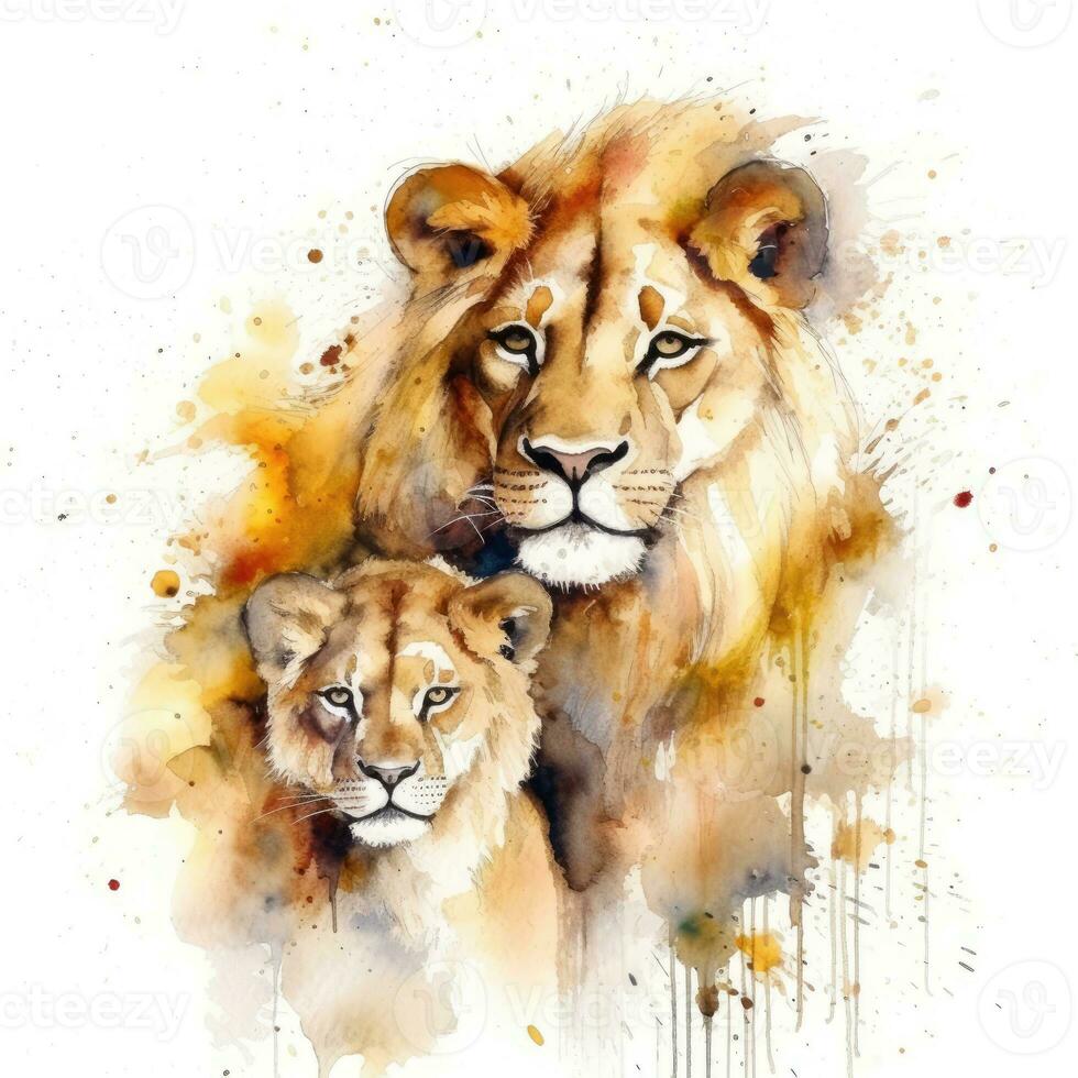 Tender Moment Lioness and Cub in Watercolor Painting photo