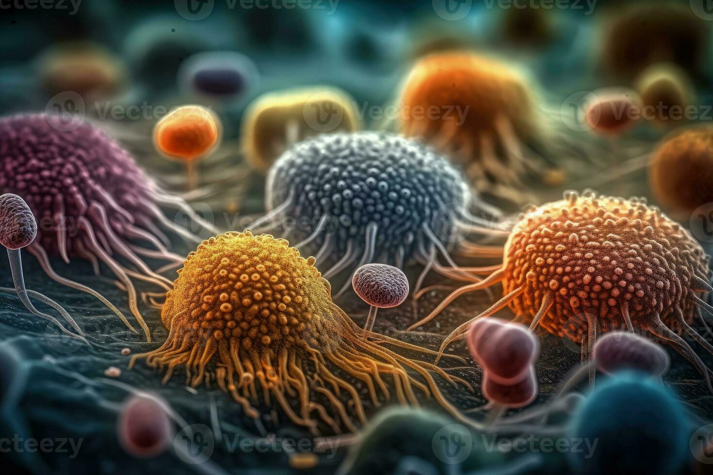 Microscopic View of Bacteria and Virus Cells in a Laboratory Setting photo