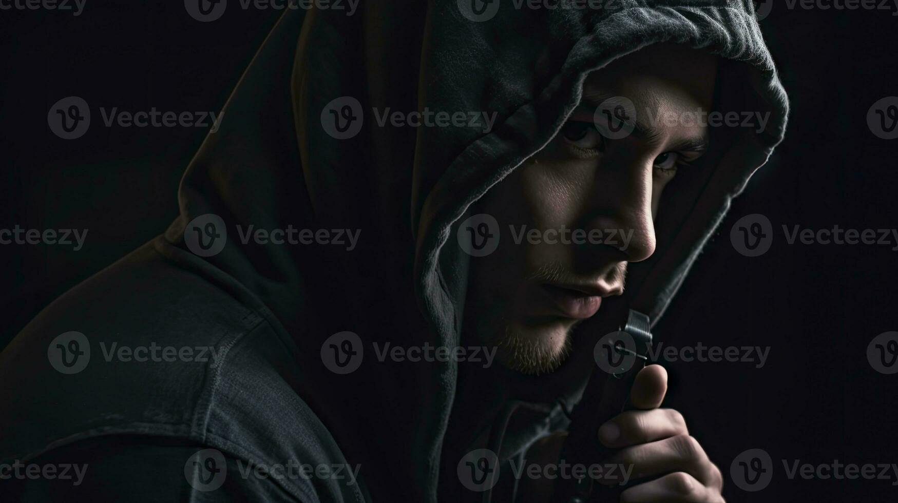 Mysterious Figure Holding Gun in Dark Background photo