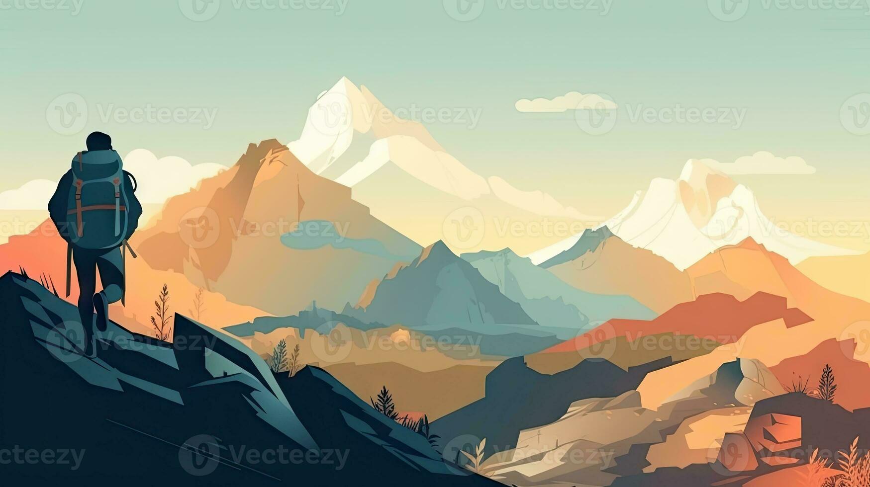 Adventurous Man with Backpack in Abstract Mountain Landscape photo