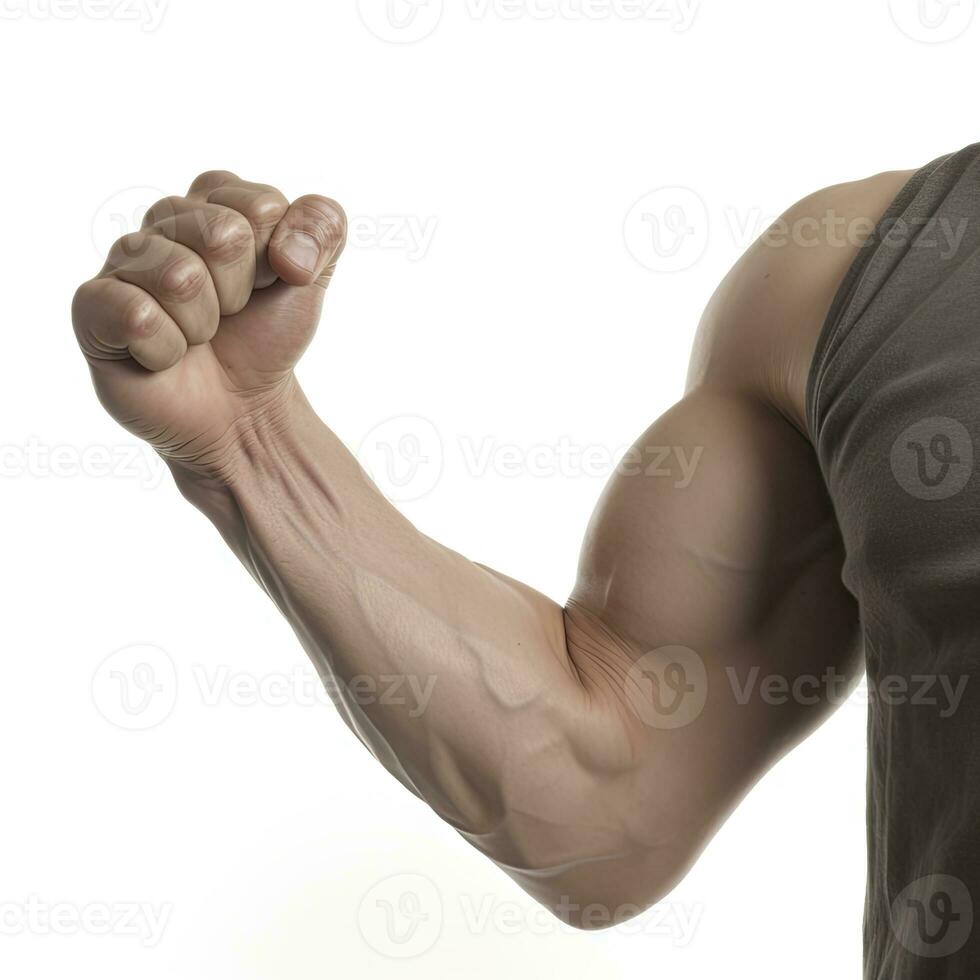 Flexing Muscles Gesture on White Background for Fitness Promotions Generative AI photo