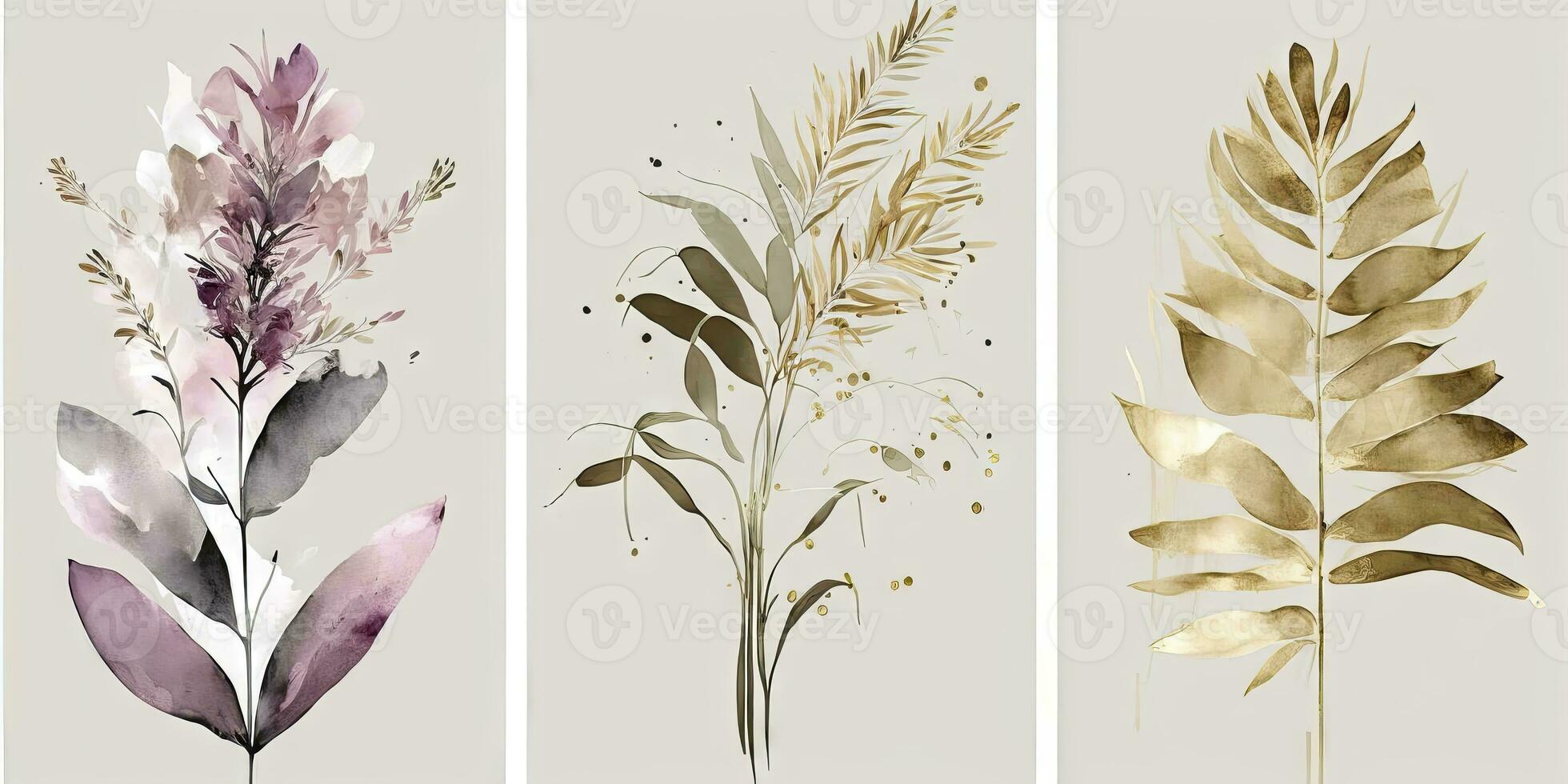 Elegant Watercolor Painting of Eucalyptus Leaves and Pampas Grass in Beige Sage and Gold Tones photo