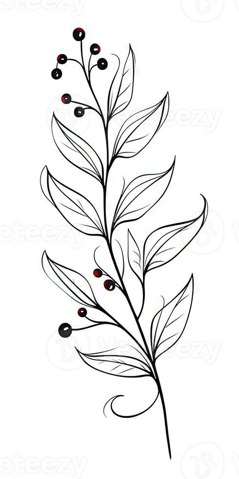 Minimalist Christmas Holly Berry Doodle Art in Black and White photo