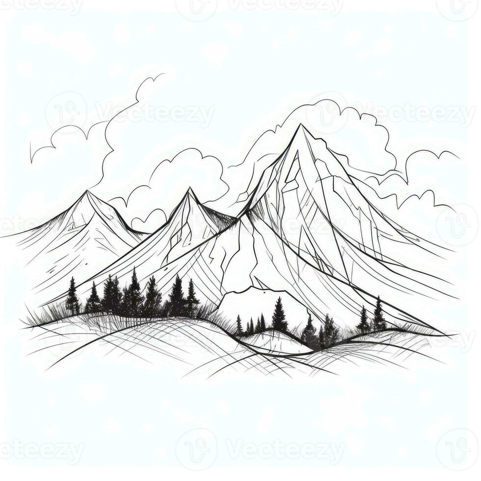 Continuous Line Drawing of Minimalistic Mountain Landscape photo