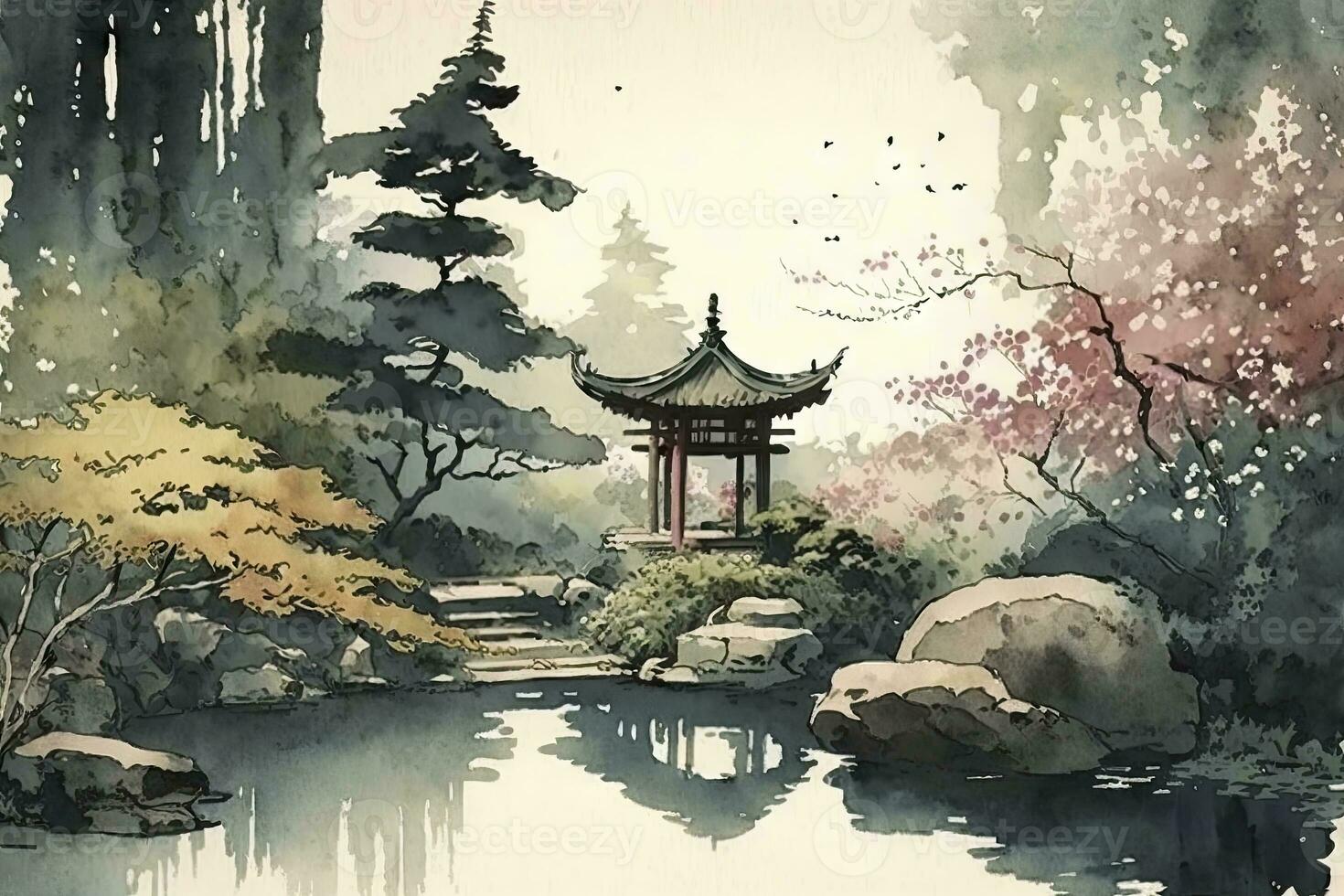 Tranquil Japanese Watercolor Garden with Soothing Tones photo
