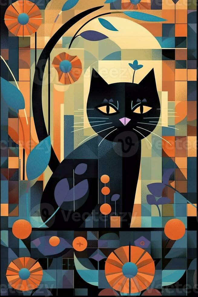 Vibrant Periwinkle Cat Illustration in the Style of Charley Harper and Jim Shore photo