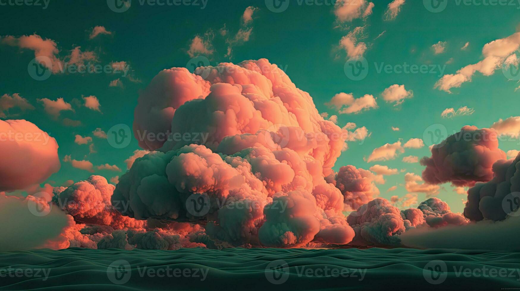 Vibrant Pink and Orange Clouds in a Mysterious Green Sky photo