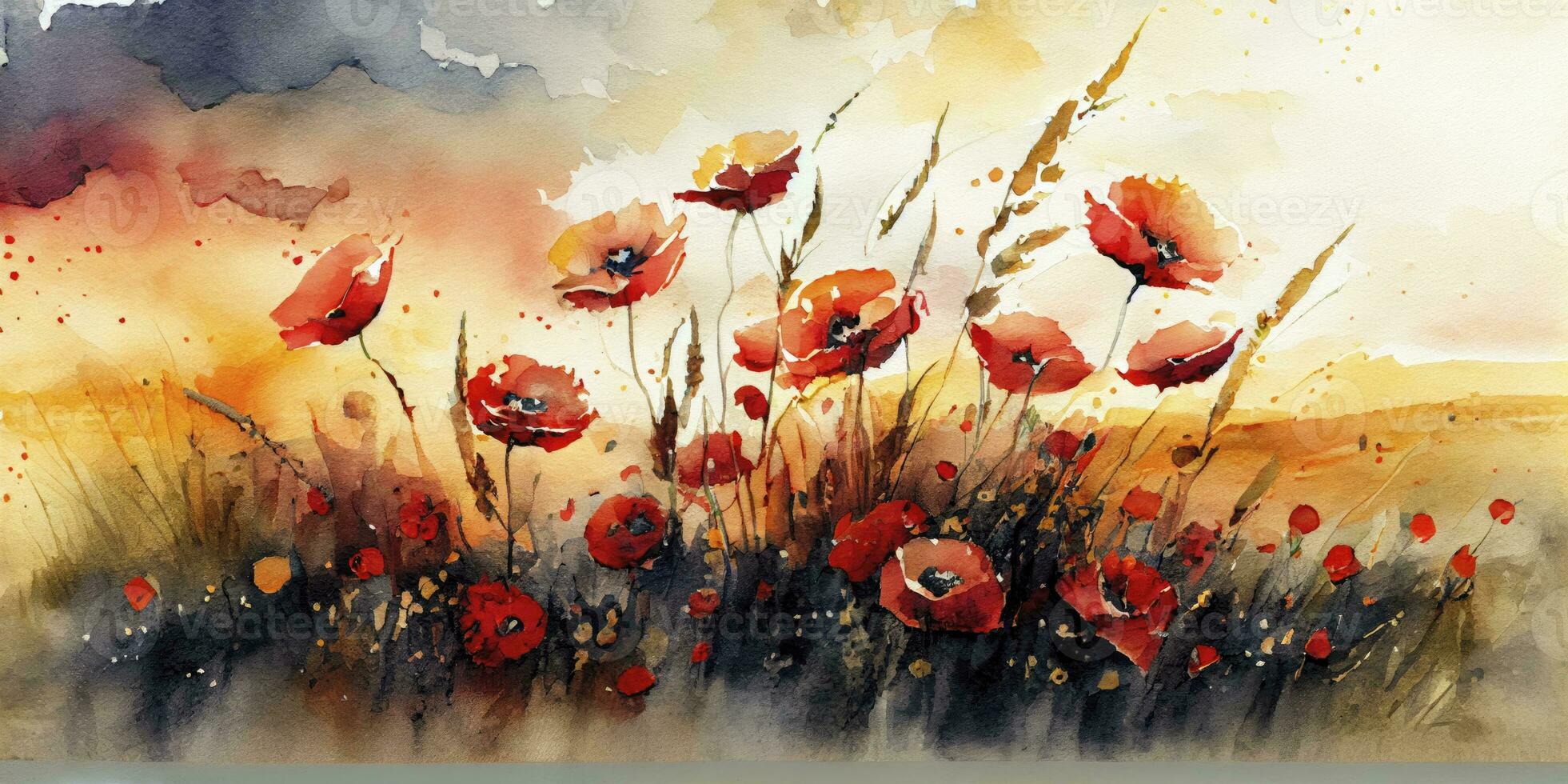 Dramatic Watercolor Painting of a Field of Poppies in Full Bloom photo