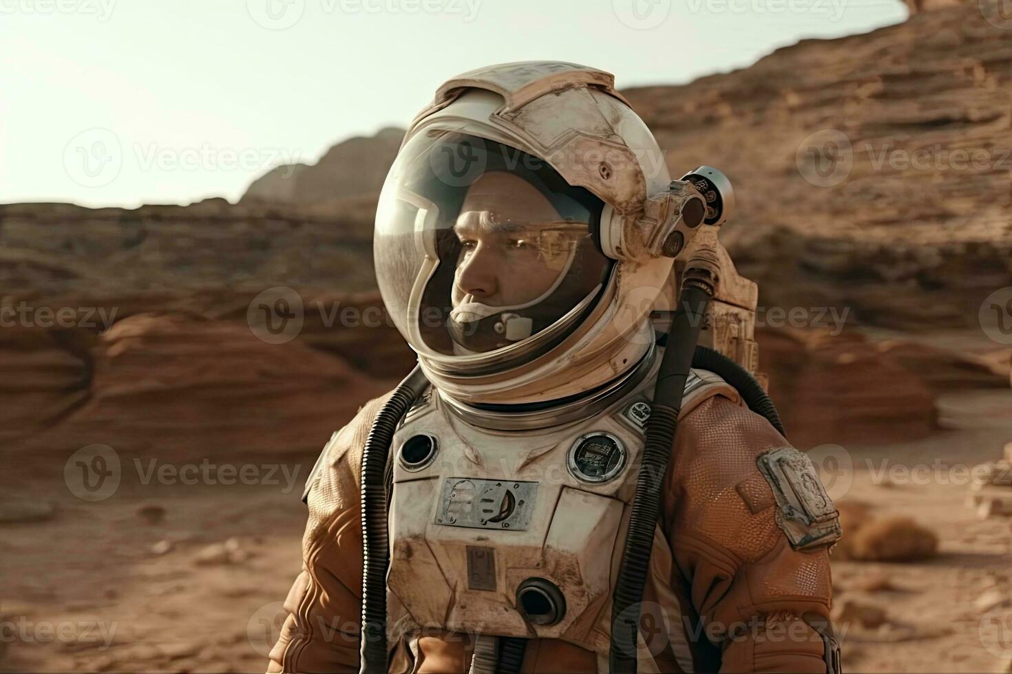 Serious Astronaut Exploring the Surface of Mars photo
