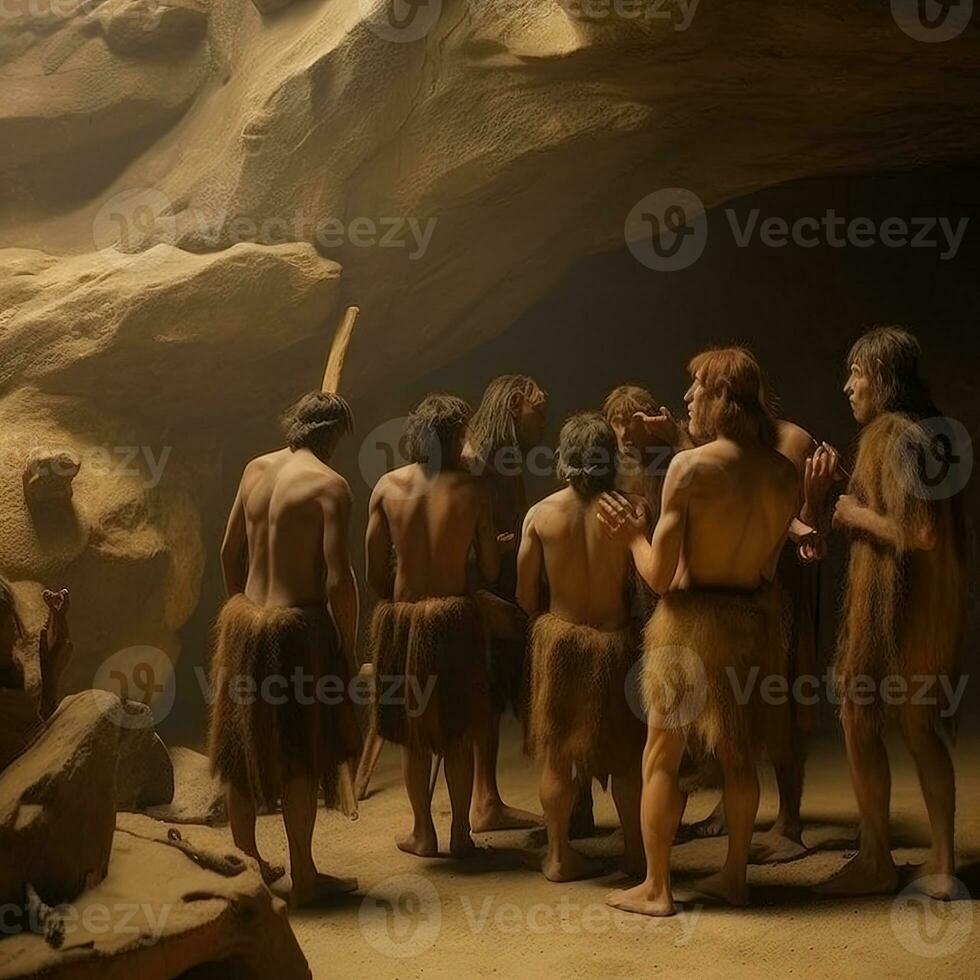 Neanderthals Pointing at Mysterious Cave Art Billboard photo