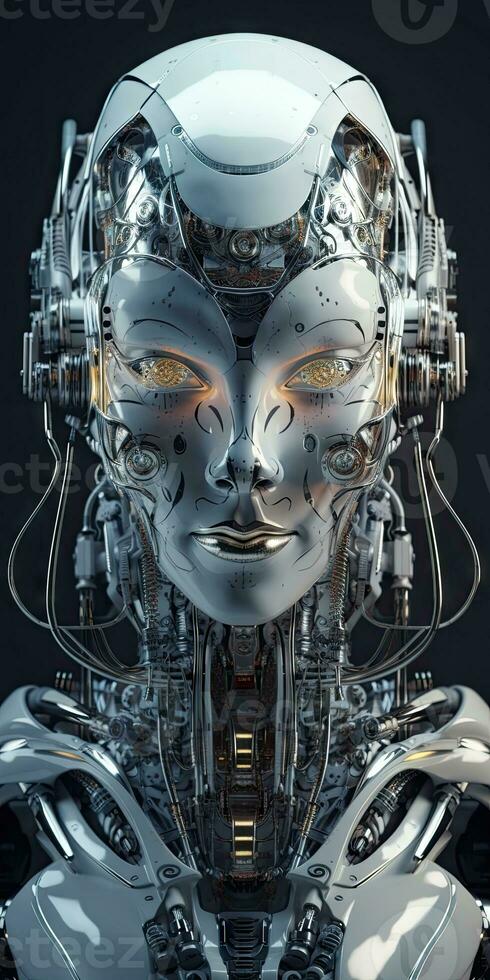 Futuristic Robot with Perfectly Symmetrical Face and Flawless Skin photo