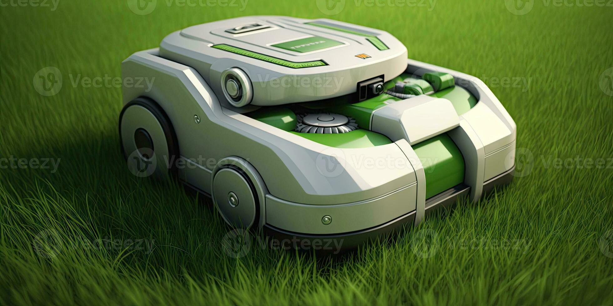 Effortlessly Maintain Your Lawn with a Robotic Lawnmower on Fresh Green Grass photo