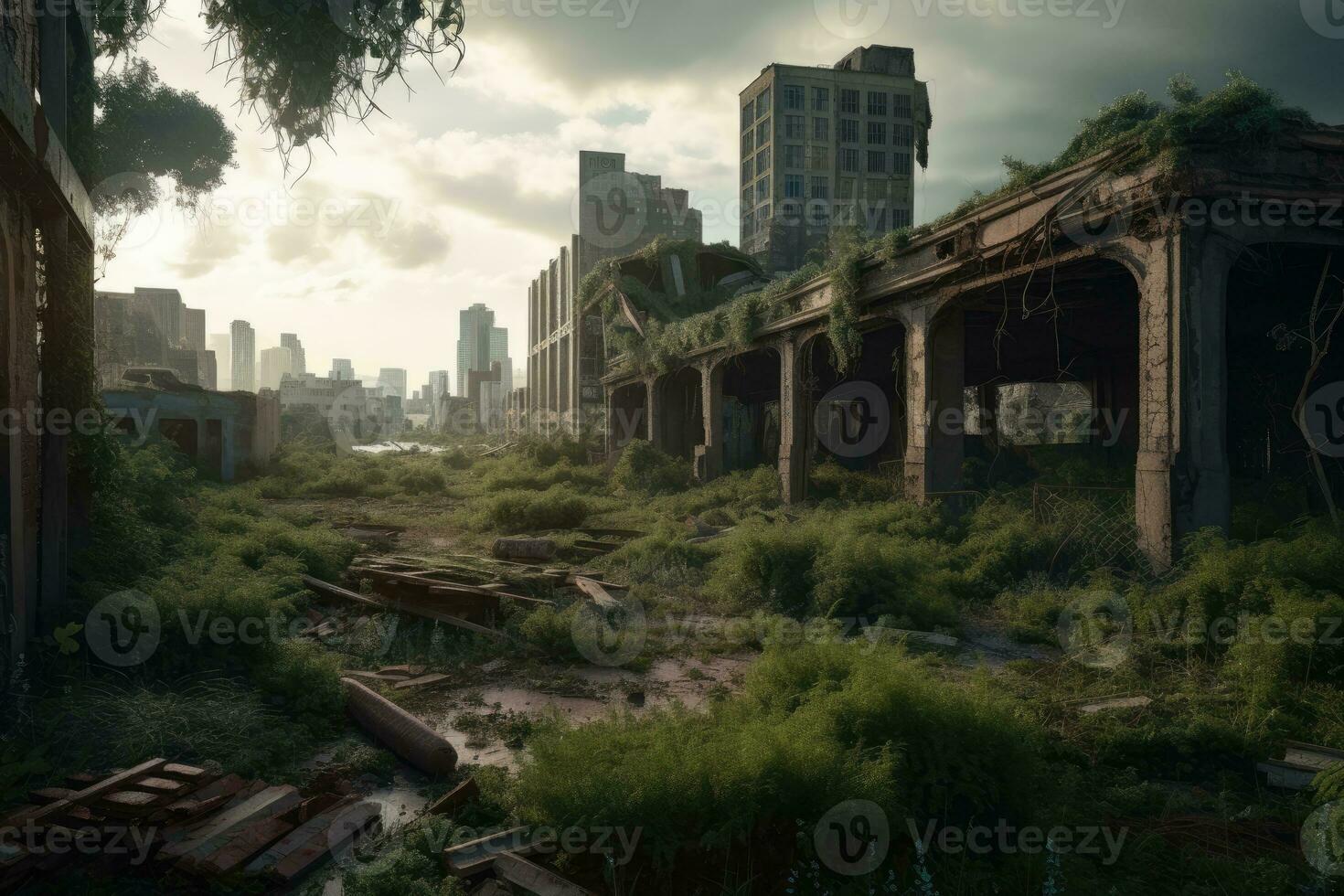 The Last Remains of a City Skyline Overgrown by Plants PostApocalyptic Landscape Generative AI photo