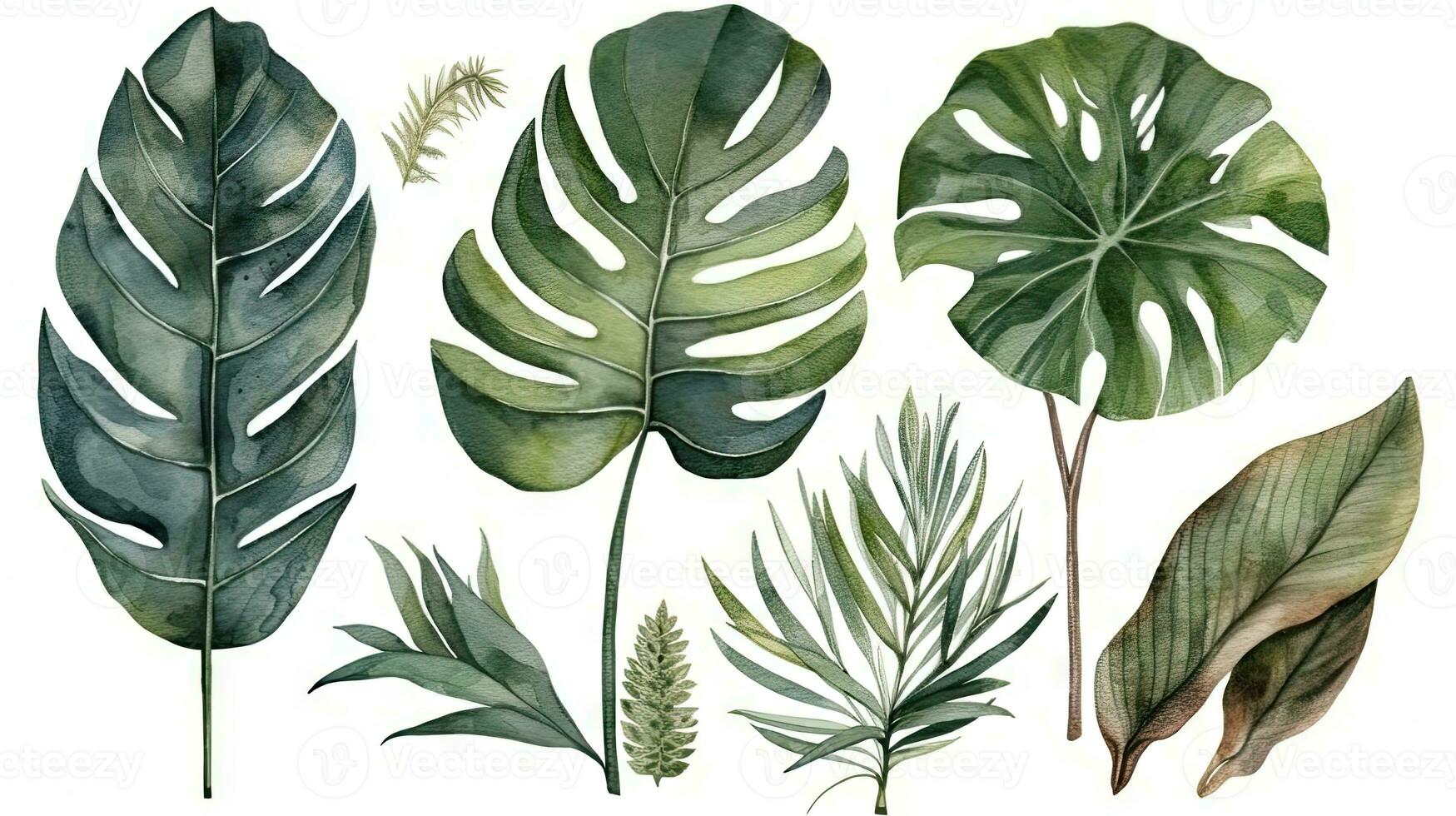 Tropical Botanical Watercolor Illustration of Monstera Banana Palm and Fern Leaves photo
