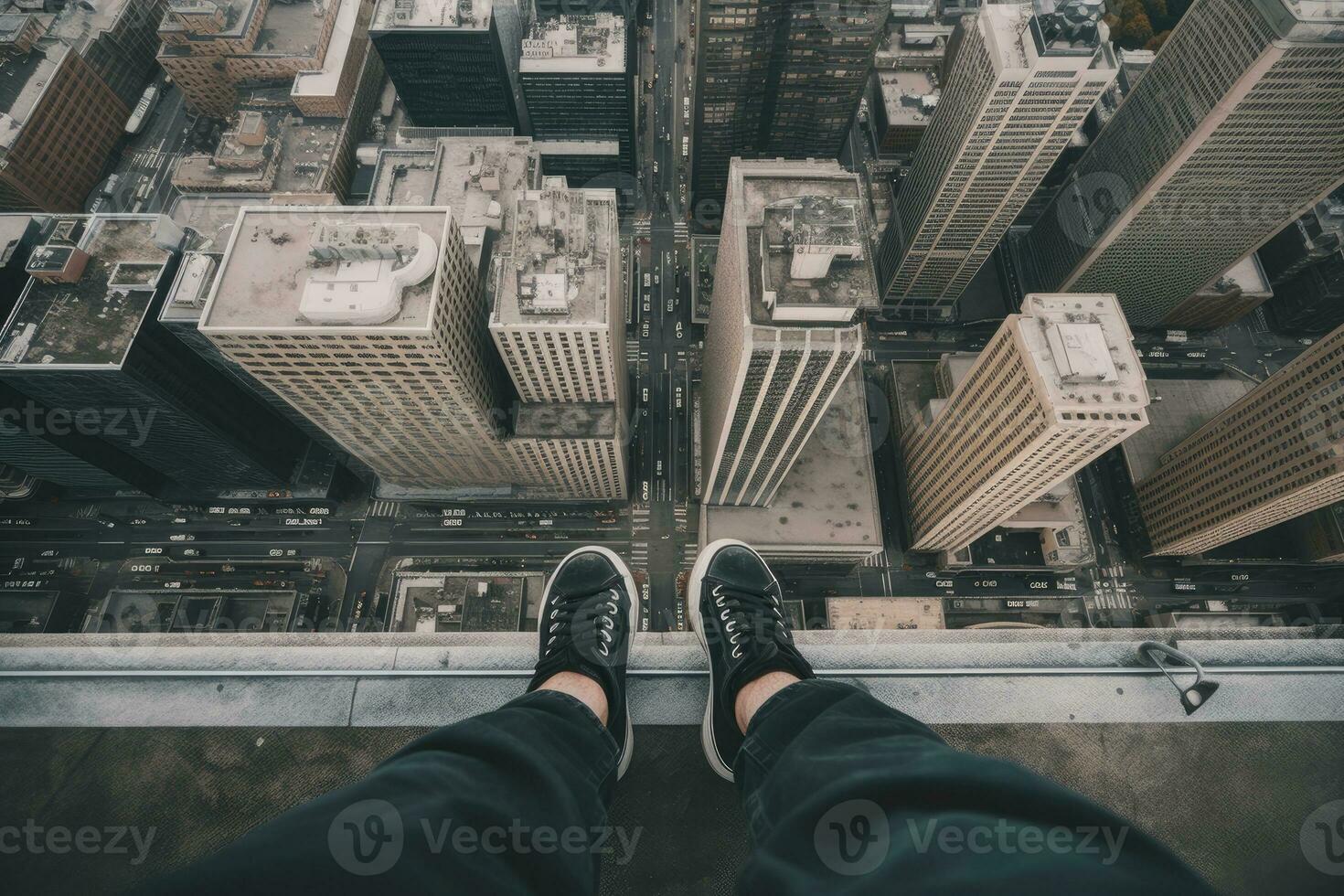 Adventurous Urban Explorer Sitting on Skyscraper Ledge with Sneakers Hanging Over Edge photo