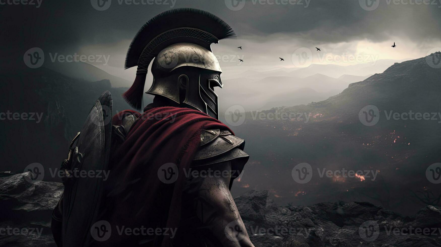 Spartan Warrior with Helmet on Battlefield photo