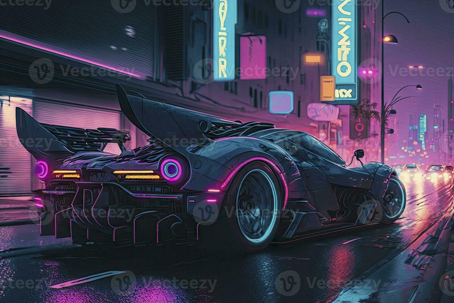 Futuristic Sports Car Driving Through Neon Cyberpunk City photo
