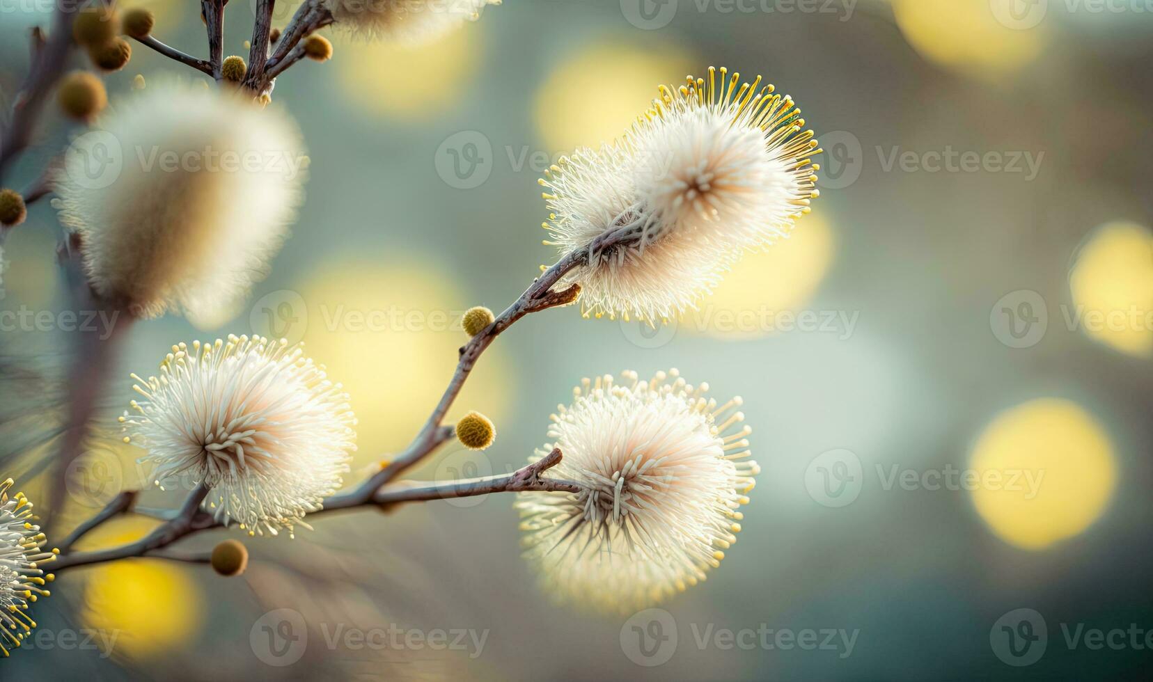 Pastel Grey Willow Branches with Blossoms and Bokeh Background photo