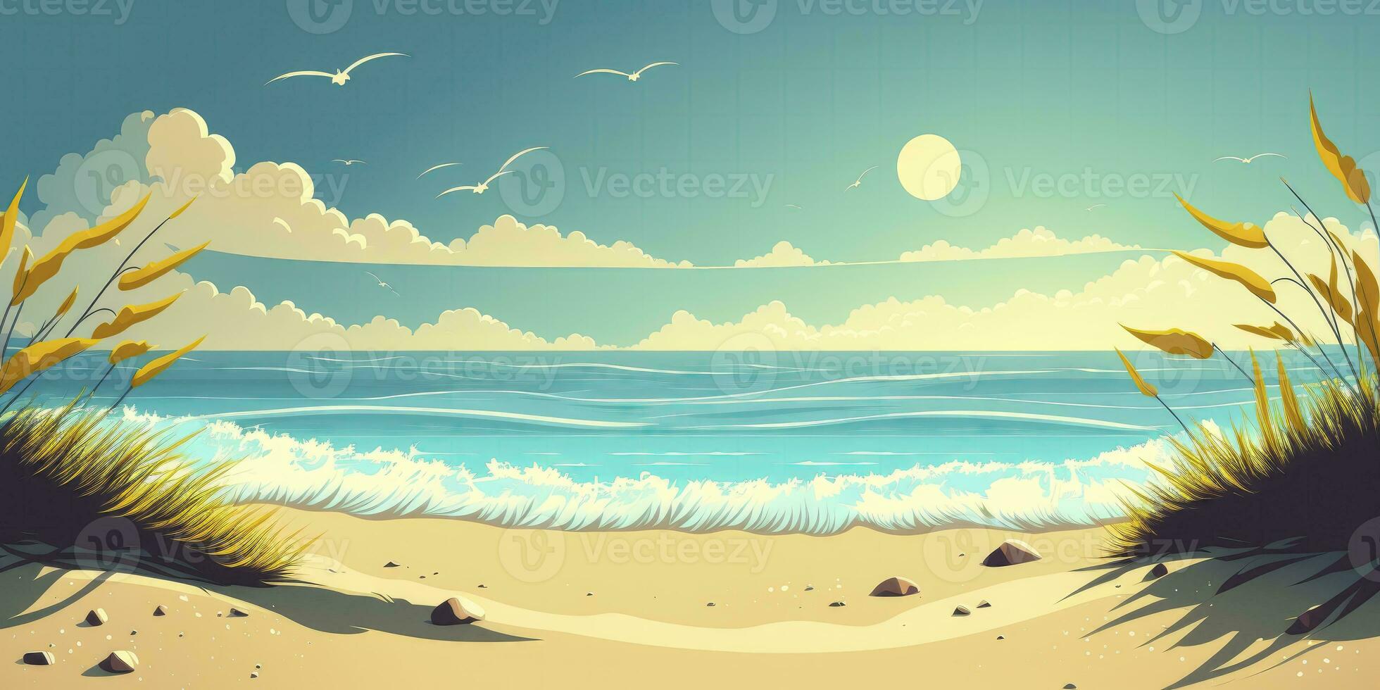 Sunny Beachscape with Calm Waters and Sandy Shoreline photo