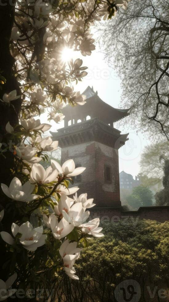 Blooming Magnolia Tree on Fuzzy Background with Ancient Chinese Architecture in Summer Morning Sunlight photo