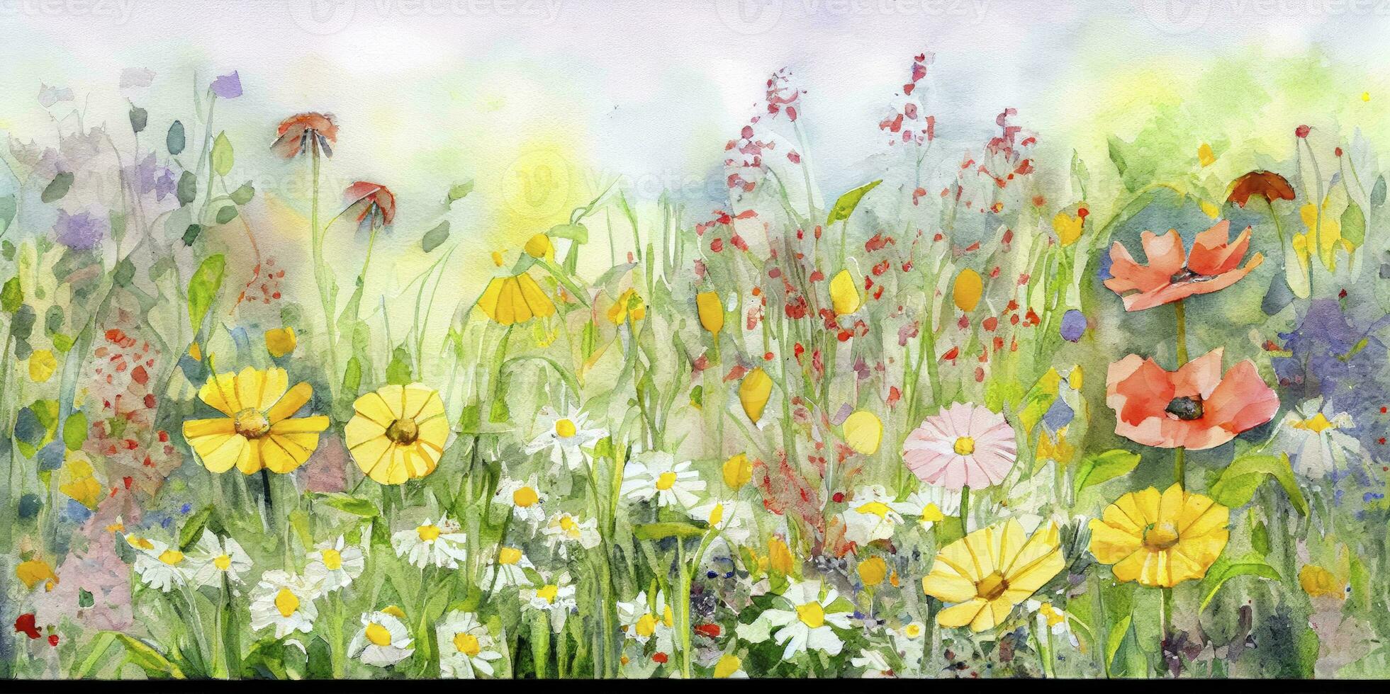 Vibrant Wildflower Garden Painting in Watercolors on Canvas photo