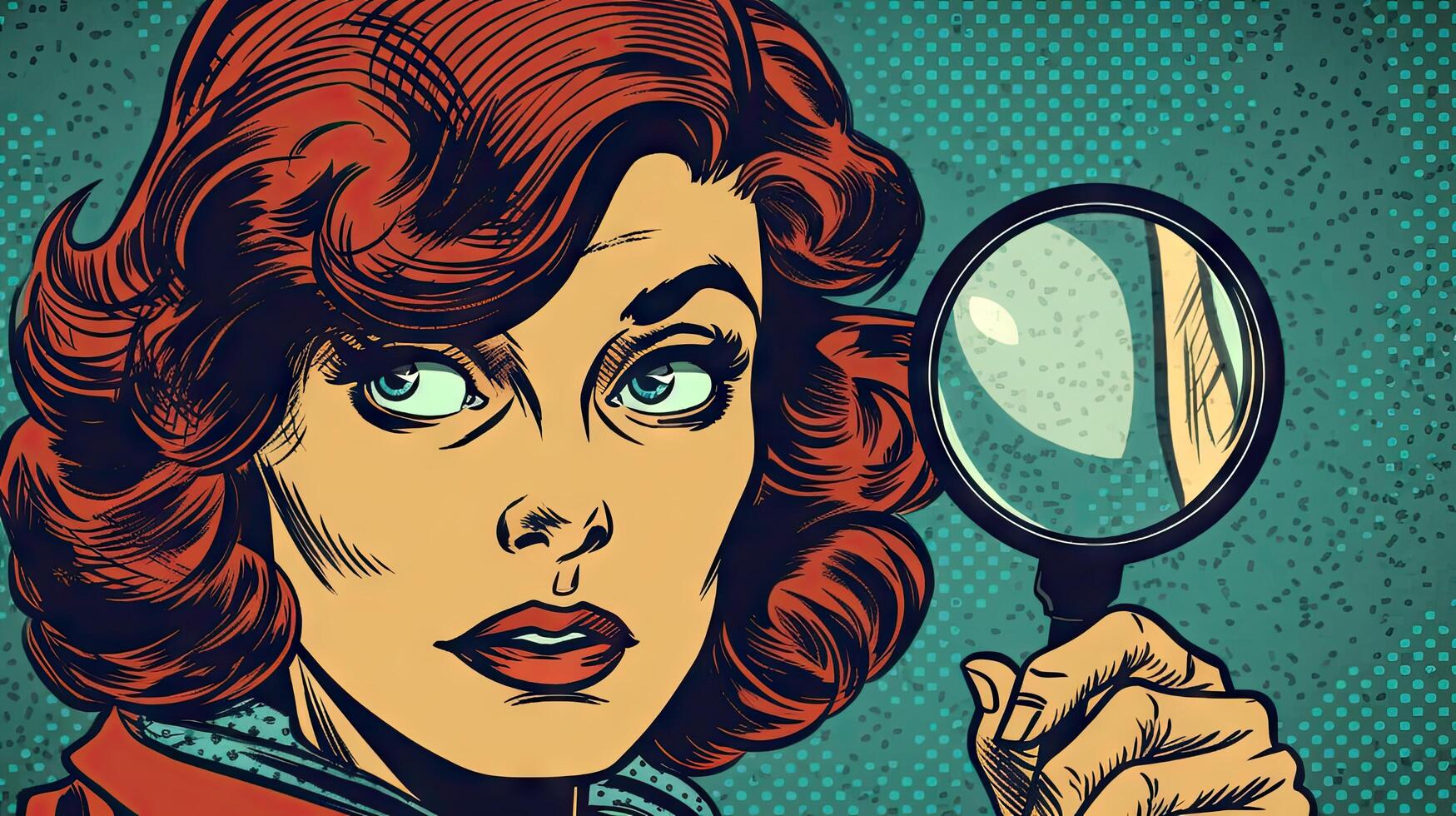 Pop Art Detective Woman Searching with Magnifying Glass photo