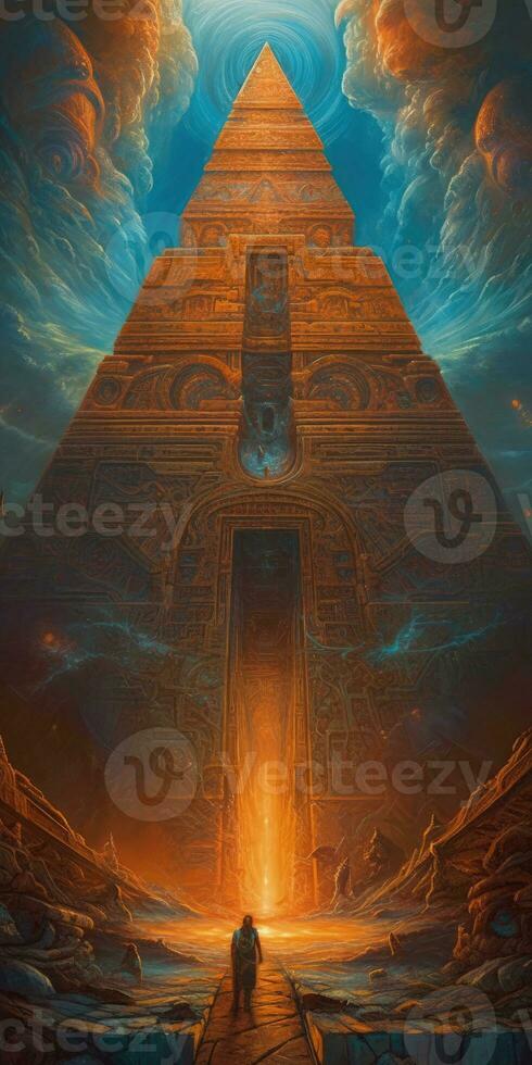 Majestic Portal Suspended Above Towering Pyramid photo