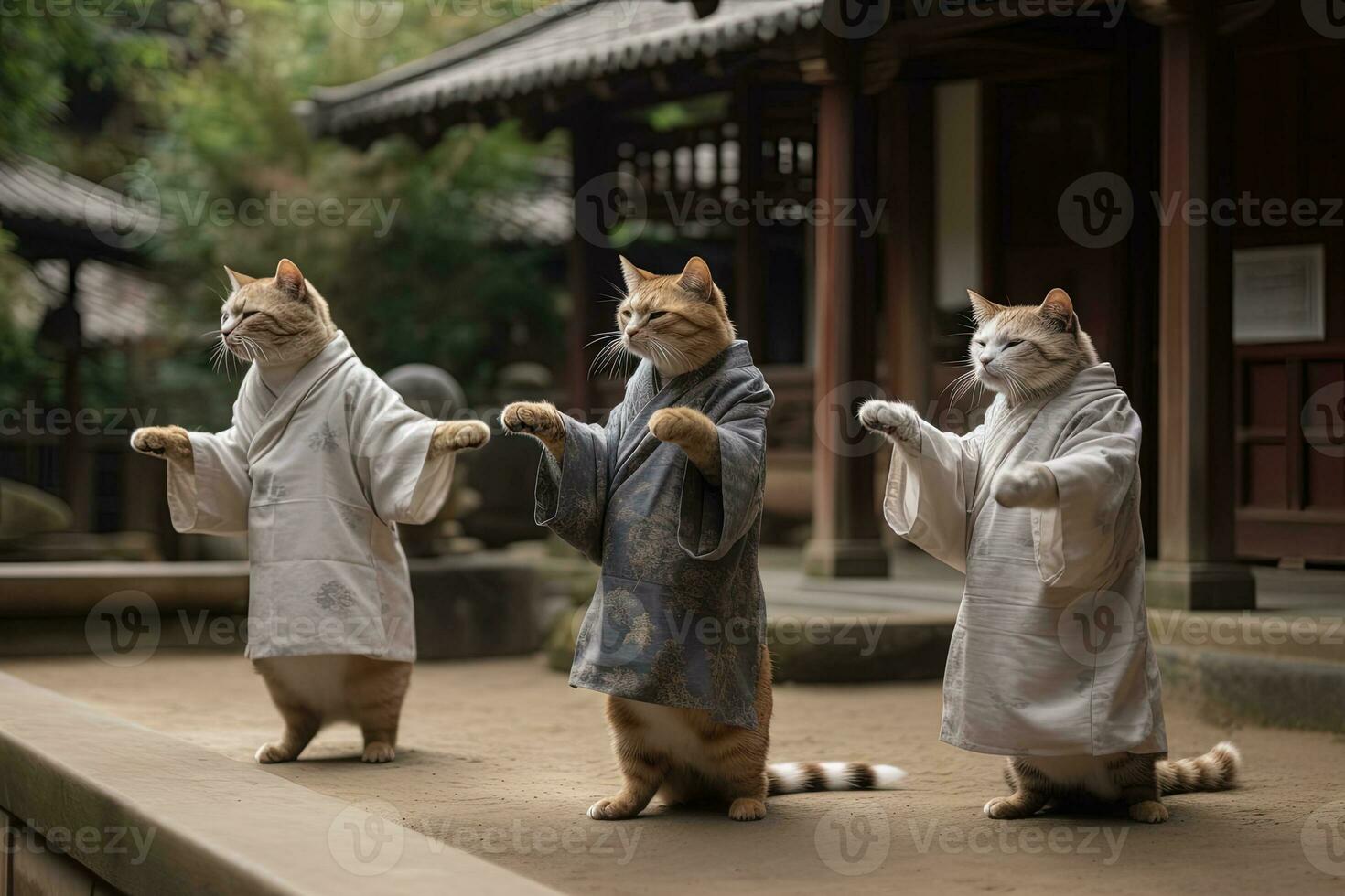 Feline Tai Chi Cats Dressed in Human Tunics Practicing in a Courtyard photo
