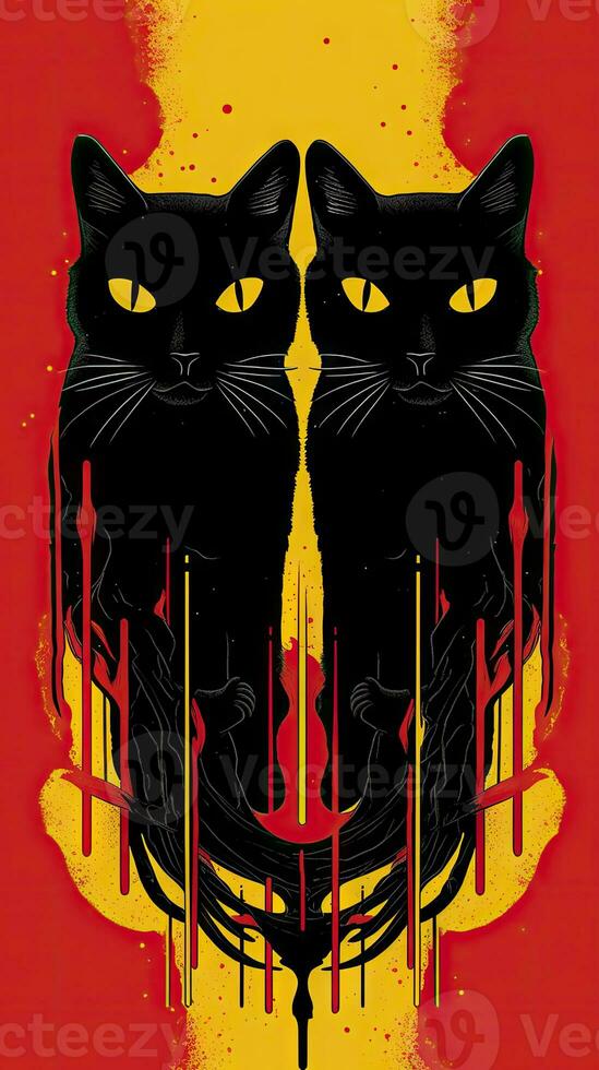 Arte decoinspirado rojo antecedentes con dos negro gatos en amarillo piezas foto