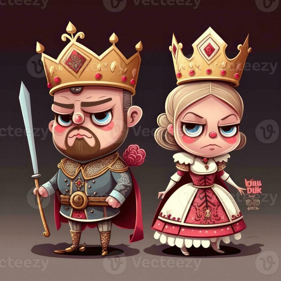 Cartoon King and Queen in Cute Kawaii Style for Valentines Day photo
