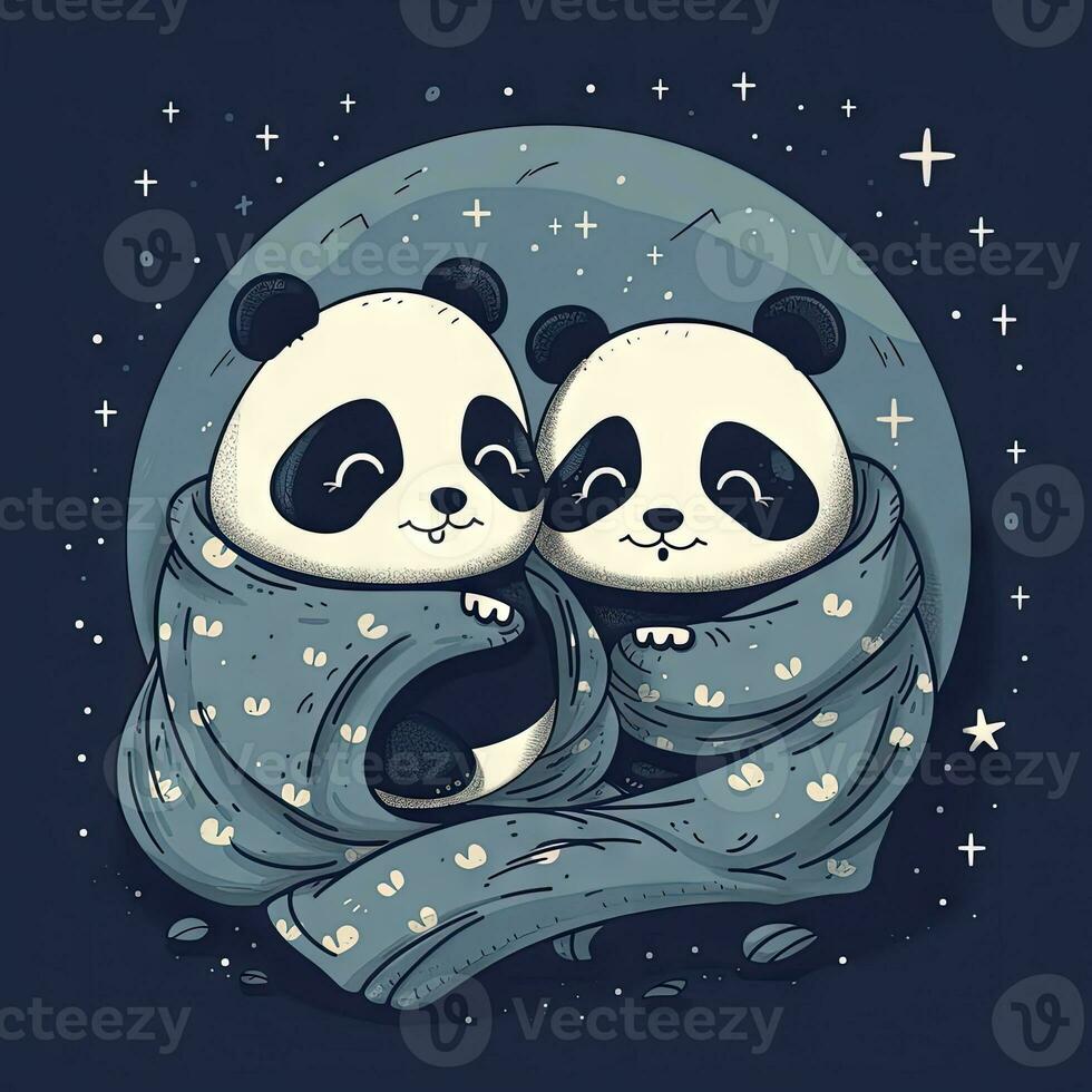 Cozy Panda Naptime Two Pandas Cuddling Under Starry Blanket photo