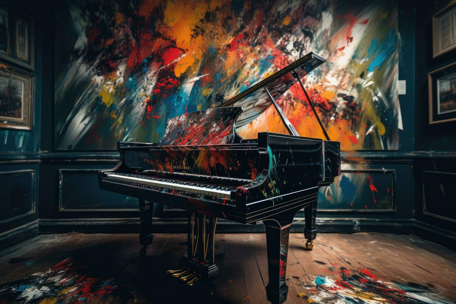 Vibrant Abstract Painting of Grand Piano in Modern Interior photo