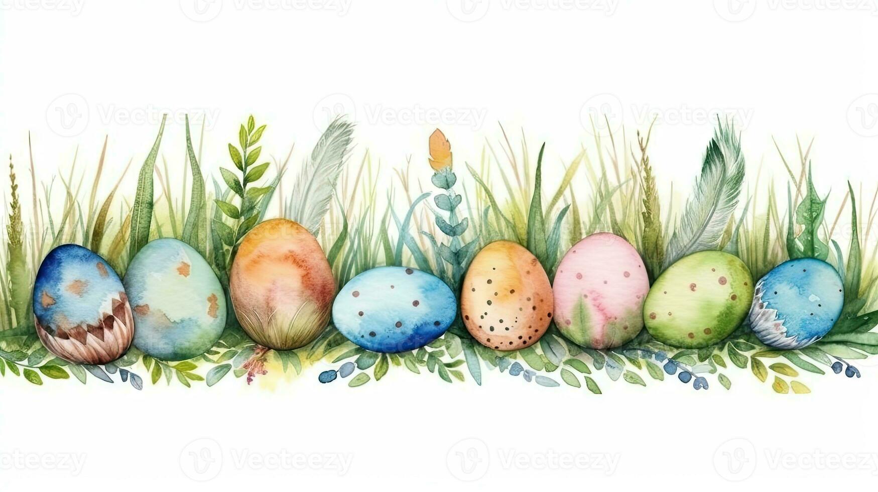 Easter Eggs Border Frame with Watercolor Green Grass photo